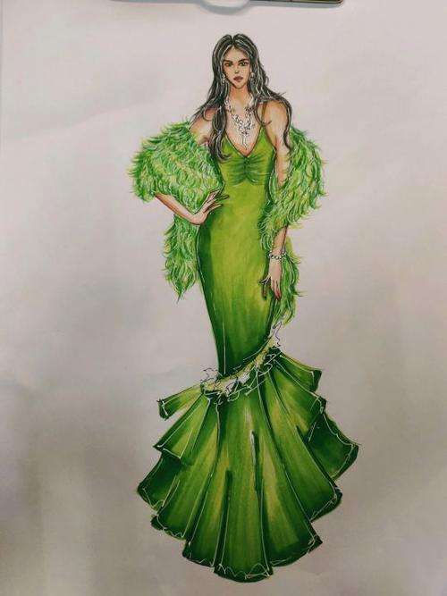 高级鱼尾裙晚礼服绘画